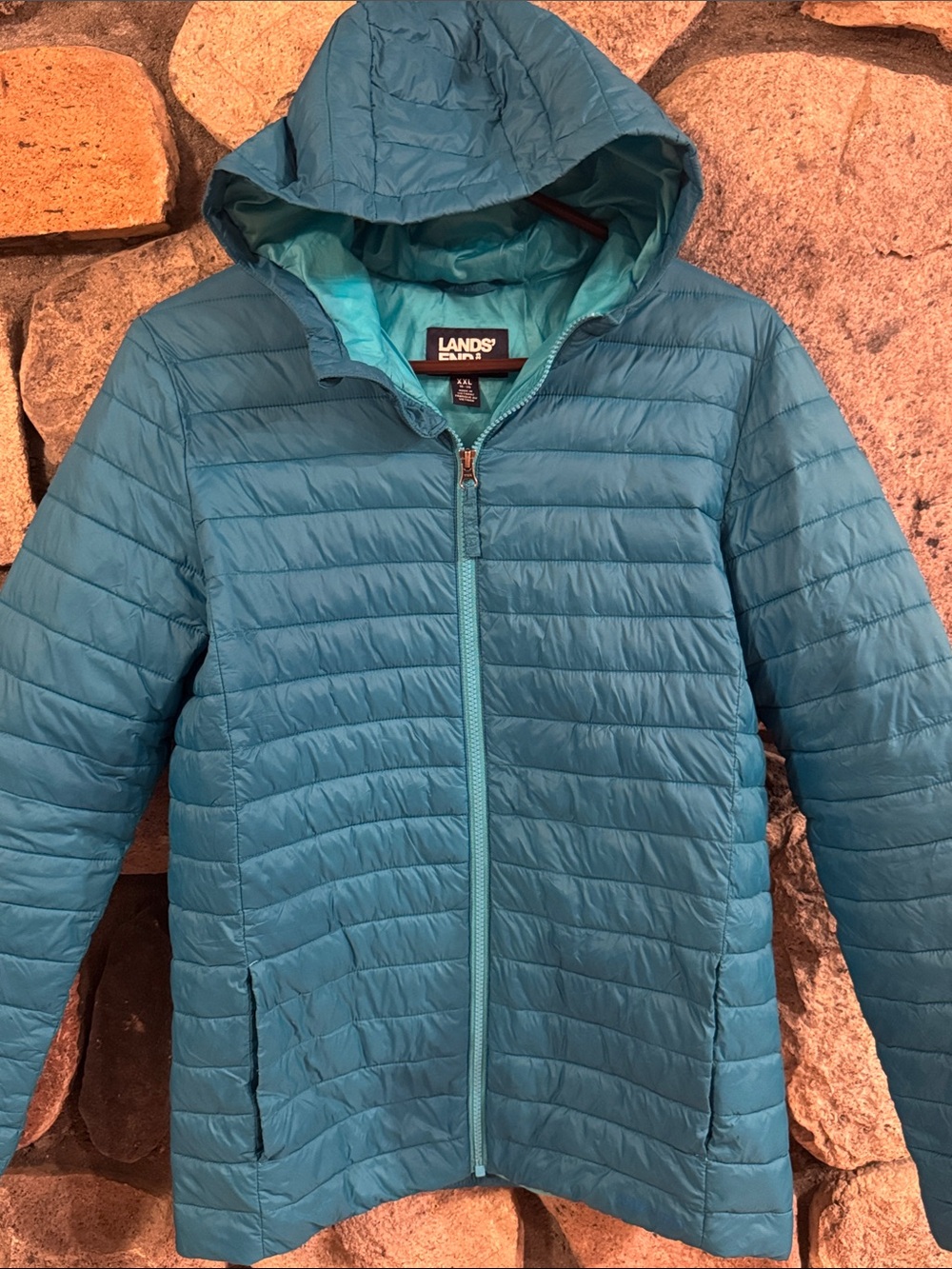 Lands' End Teal Blue Hooded Packable Puffer Jacket - Kids xxl size 18-20